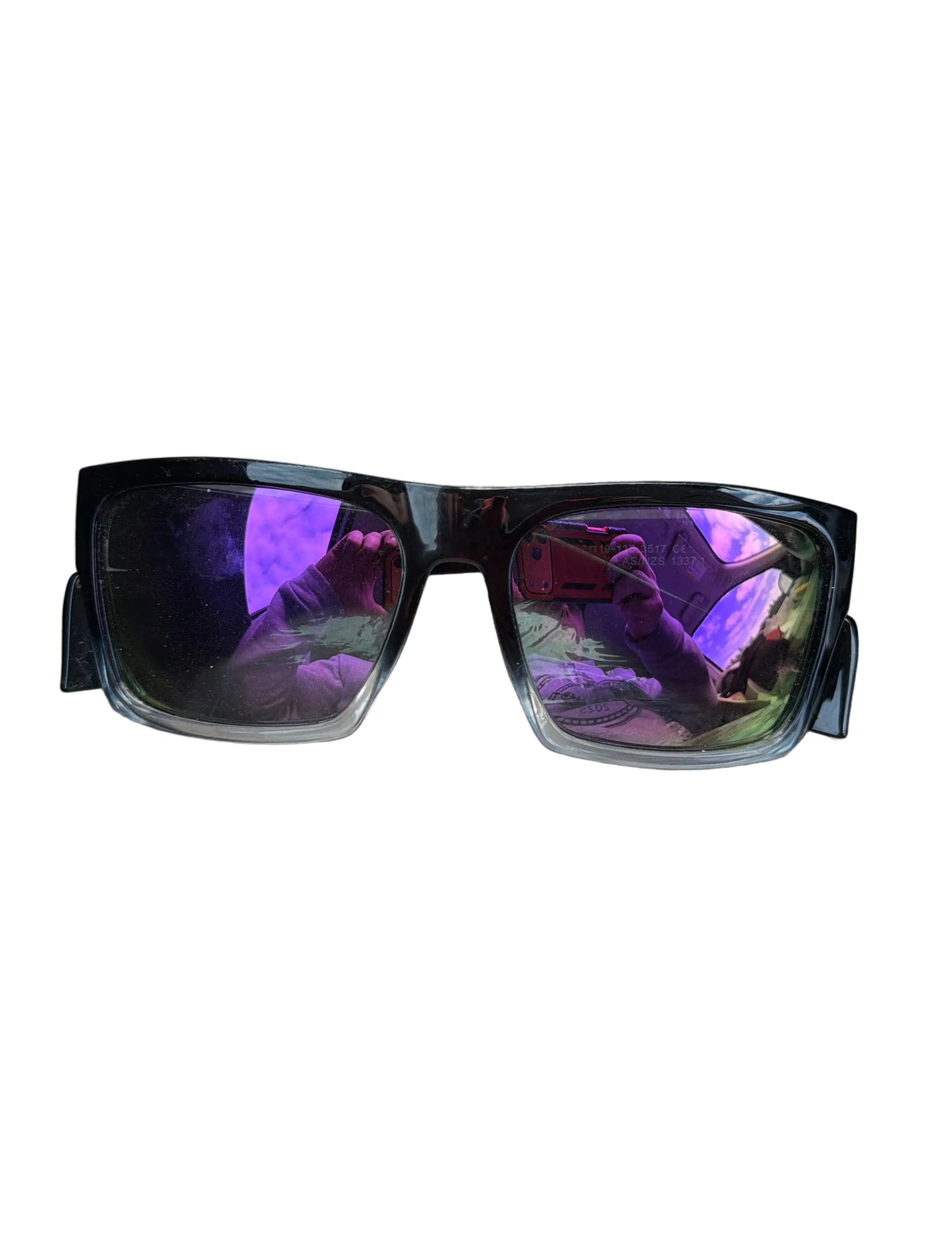 Black/clear frame. Purple lenses